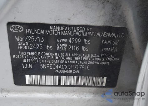2013 Hyundai Sonata Se из США, поврежденный, VIN 5NPEC4ACXDH717916